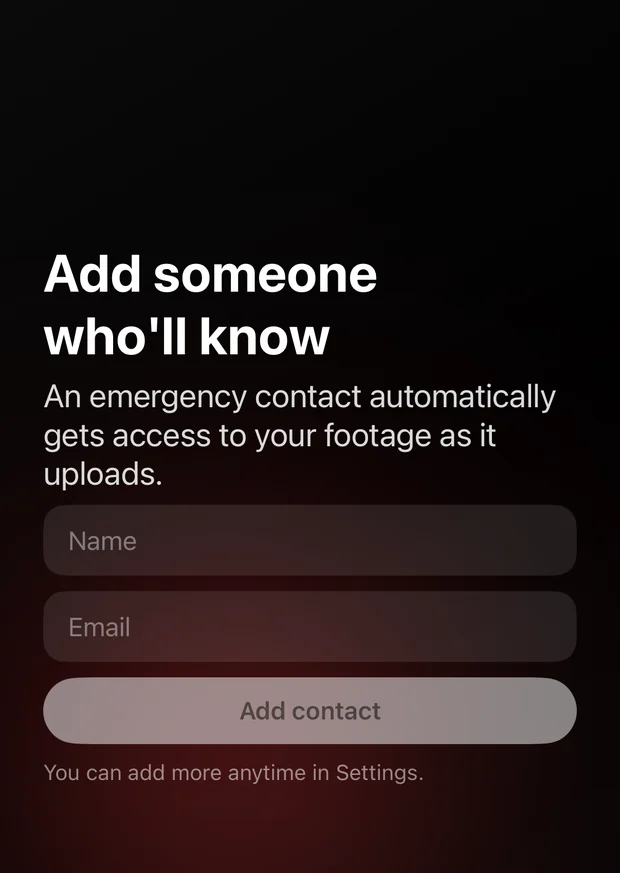 The Witness emergency contact screen, showing a nominated contact who is granted access to each recording automatically.