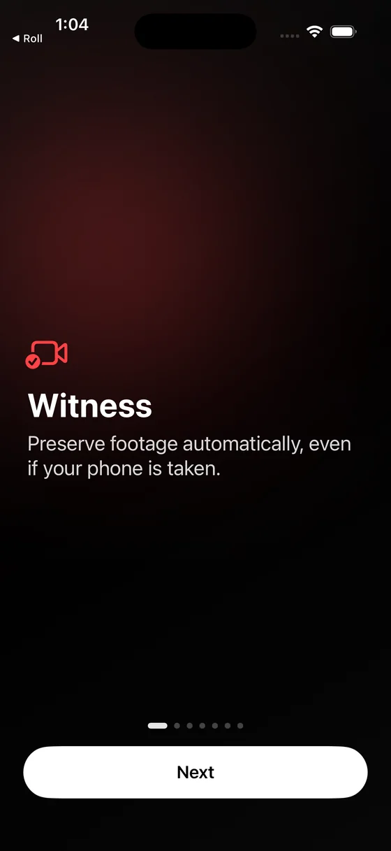 Witness intro screen: preserve footage automatically, even if your phone is taken.