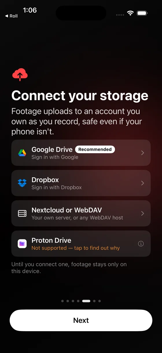 Connect your storage: Google Drive marked recommended, Dropbox, Nextcloud and WebDAV.